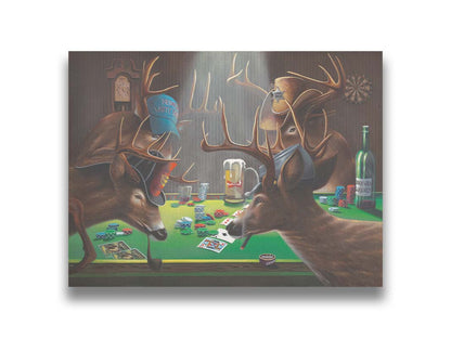 A comical painting of four deer wearing hats, smoking, drinking beer, and playing poker. Printed on canvas.