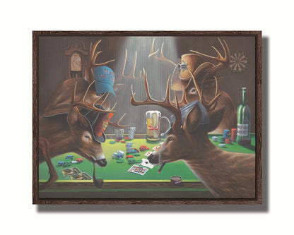 A comical painting of four deer wearing hats, smoking, drinking beer, and playing poker. Printed on canvas in a float frame.