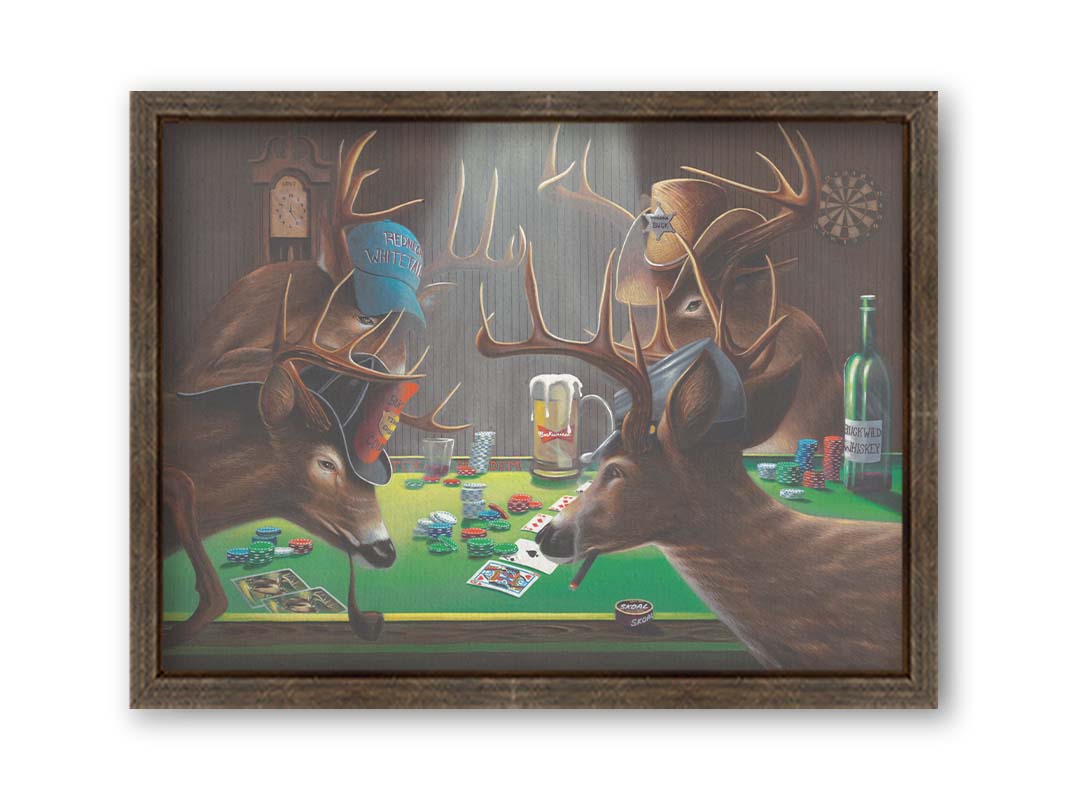 A comical painting of four deer wearing hats, smoking, drinking beer, and playing poker. Printed on canvas and framed.