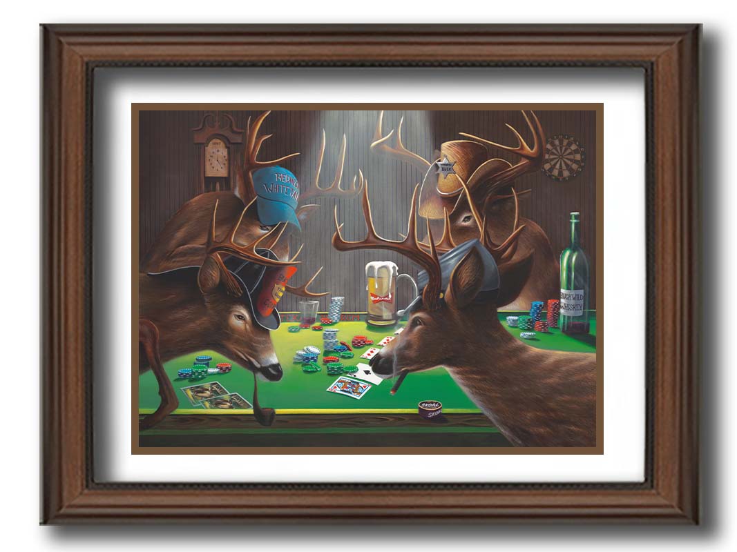 A comical painting of four deer wearing hats, smoking, drinking beer, and playing poker. Printed on paper, matted, and framed.