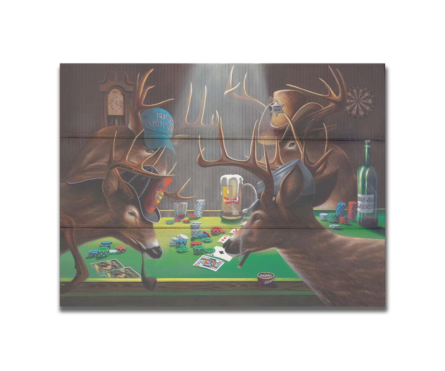 A comical painting of four deer wearing hats, smoking, drinking beer, and playing poker. Printed on a box board.