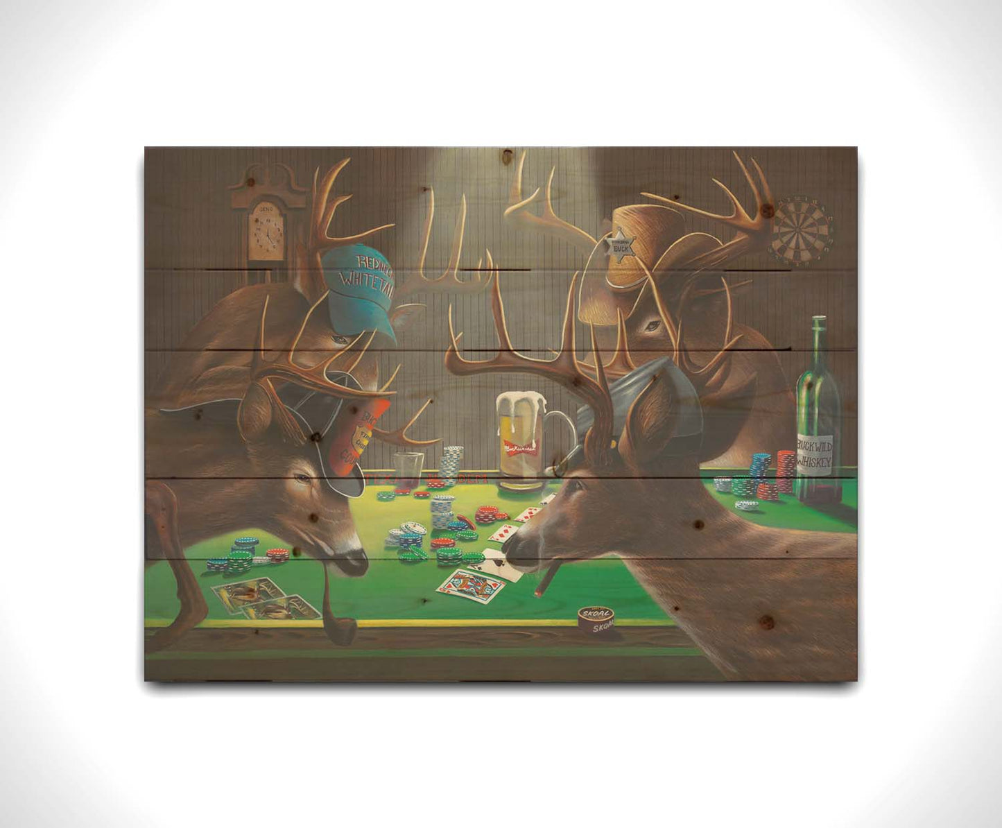 A comical painting of four deer wearing hats, smoking, drinking beer, and playing poker. Printed on a wood pallet.