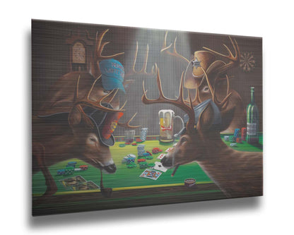 A comical painting of four deer wearing hats, smoking, drinking beer, and playing poker. Printed on metal.