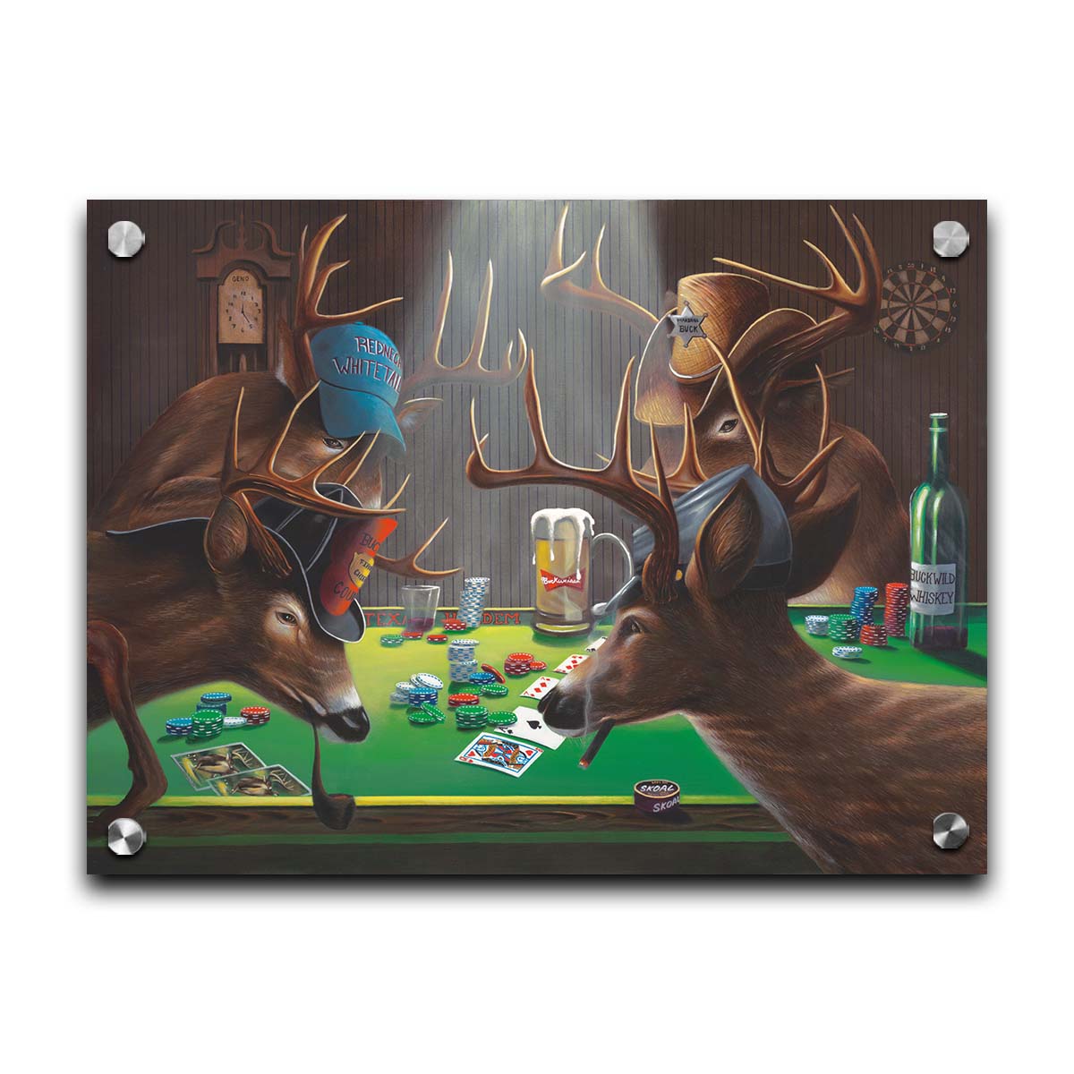 A comical painting of four deer wearing hats, smoking, drinking beer, and playing poker. Printed on acrylic.