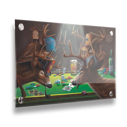 A comical painting of four deer wearing hats, smoking, drinking beer, and playing poker. Printed on acrylic.