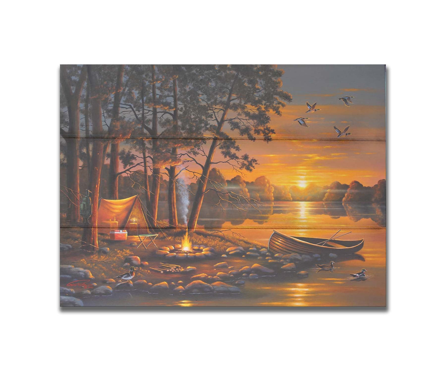 A painting of a small woods campsite at the edge of a lake. A boat is docked on the rocks of the shore, and a campfire is lit nearby. Some ducks swim in the lake as others fly overhead before the setting sun. Printed on a box board.