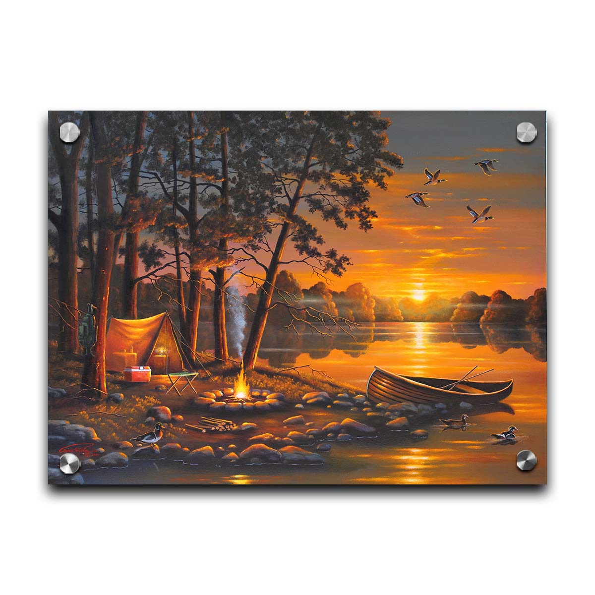 A painting of a small woods campsite at the edge of a lake. A boat is docked on the rocks of the shore, and a campfire is lit nearby. Some ducks swim in the lake as others fly overhead before the setting sun. Printed on acrylic.