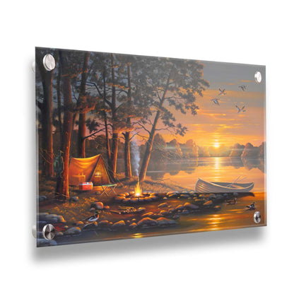 A painting of a small woods campsite at the edge of a lake. A boat is docked on the rocks of the shore, and a campfire is lit nearby. Some ducks swim in the lake as others fly overhead before the setting sun. Printed on acrylic.