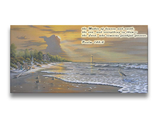 A painting of a beach scene, with a house and lighthouse in the distance. Birds trot along the sand, and the sun peeks from behind a cloud, shining beams of light down on them. In the upper right is a quote from Psalm 146:6 of the Bible, reading "the Maker of heaven and earth, the sea, and everything in them— the Lord, who remains faithful forever." Printed on canvas.