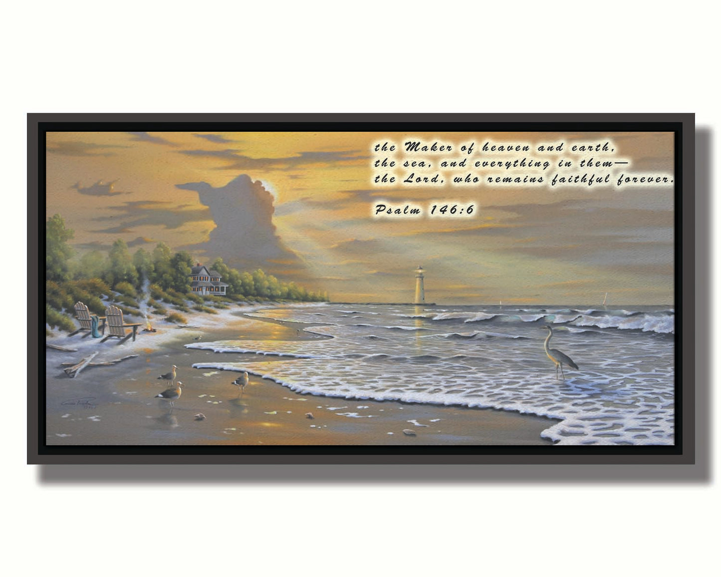 A painting of a beach scene, with a house and lighthouse in the distance. Birds trot along the sand, and the sun peeks from behind a cloud, shining beams of light down on them. In the upper right is a quote from Psalm 146:6 of the Bible, reading "the Maker of heaven and earth, the sea, and everything in them— the Lord, who remains faithful forever." Printed on canvas in a float frame.