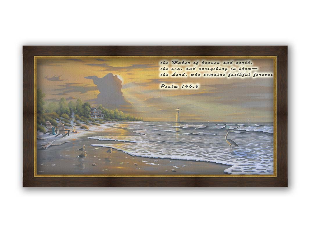 A painting of a beach scene, with a house and lighthouse in the distance. Birds trot along the sand, and the sun peeks from behind a cloud, shining beams of light down on them. In the upper right is a quote from Psalm 146:6 of the Bible, reading "the Maker of heaven and earth, the sea, and everything in them— the Lord, who remains faithful forever." Printed on canvas and framed.