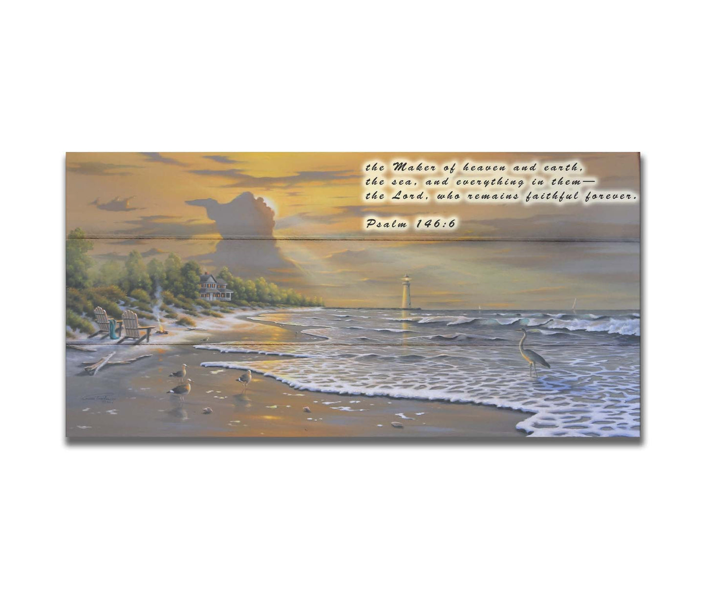 A painting of a beach scene, with a house and lighthouse in the distance. Birds trot along the sand, and the sun peeks from behind a cloud, shining beams of light down on them. In the upper right is a quote from Psalm 146:6 of the Bible, reading "the Maker of heaven and earth, the sea, and everything in them— the Lord, who remains faithful forever." Printed on a box board.