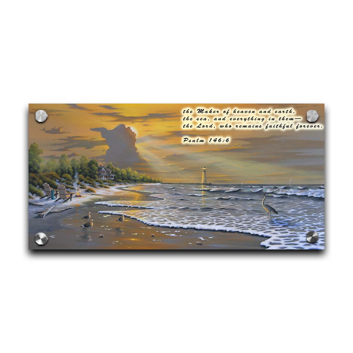 A painting of a beach scene, with a house and lighthouse in the distance. Birds trot along the sand, and the sun peeks from behind a cloud, shining beams of light down on them. In the upper right is a quote from Psalm 146:6 of the Bible, reading "the Maker of heaven and earth, the sea, and everything in them— the Lord, who remains faithful forever." Printed on acrylic.