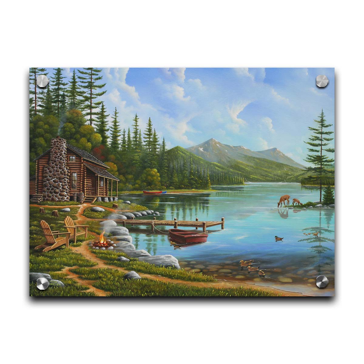 A painting of a lakeside cabin on a sunny day. Boats can be seen on the water, which reflects the mountains in the distance. Deer drink from the lake, where ducks are swimming. Wood chairs surround a small campfire on the shore nearby. Printed on acrylic.