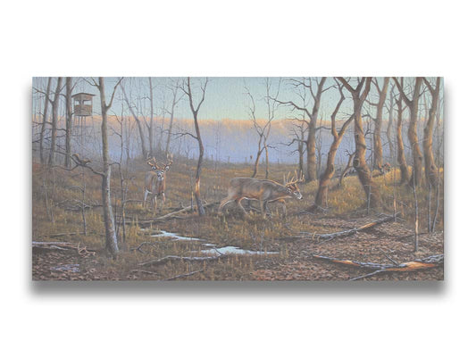 A painting of deer walking through the forest in winter, with turkeys wandering through the background. The trees are bare, and brown leaves cover much of the ground. Hunting stands can be seen in the distance. Printed on canvas.