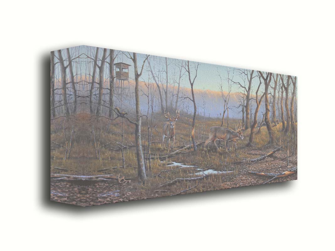 A painting of deer walking through the forest in winter, with turkeys wandering through the background. The trees are bare, and brown leaves cover much of the ground. Hunting stands can be seen in the distance. Printed on canvas.