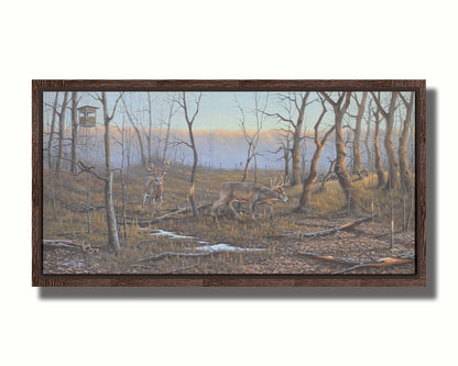 A painting of deer walking through the forest in winter, with turkeys wandering through the background. The trees are bare, and brown leaves cover much of the ground. Hunting stands can be seen in the distance. Printed on canvas in a float frame.