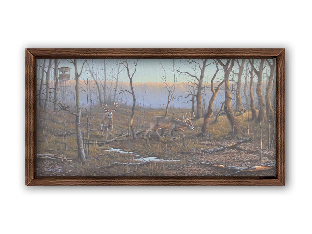 A painting of deer walking through the forest in winter, with turkeys wandering through the background. The trees are bare, and brown leaves cover much of the ground. Hunting stands can be seen in the distance. Printed on canvas and framed.