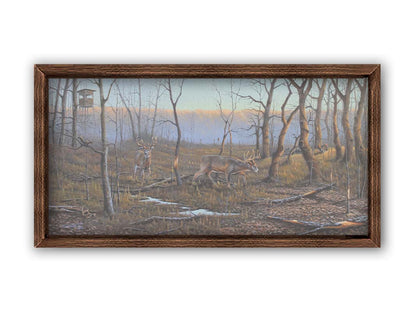 A painting of deer walking through the forest in winter, with turkeys wandering through the background. The trees are bare, and brown leaves cover much of the ground. Hunting stands can be seen in the distance. Printed on canvas and framed.