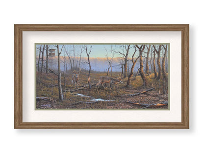 A painting of deer walking through the forest in winter, with turkeys wandering through the background. The trees are bare, and brown leaves cover much of the ground. Hunting stands can be seen in the distance. Printed on paper, matted, and framed.