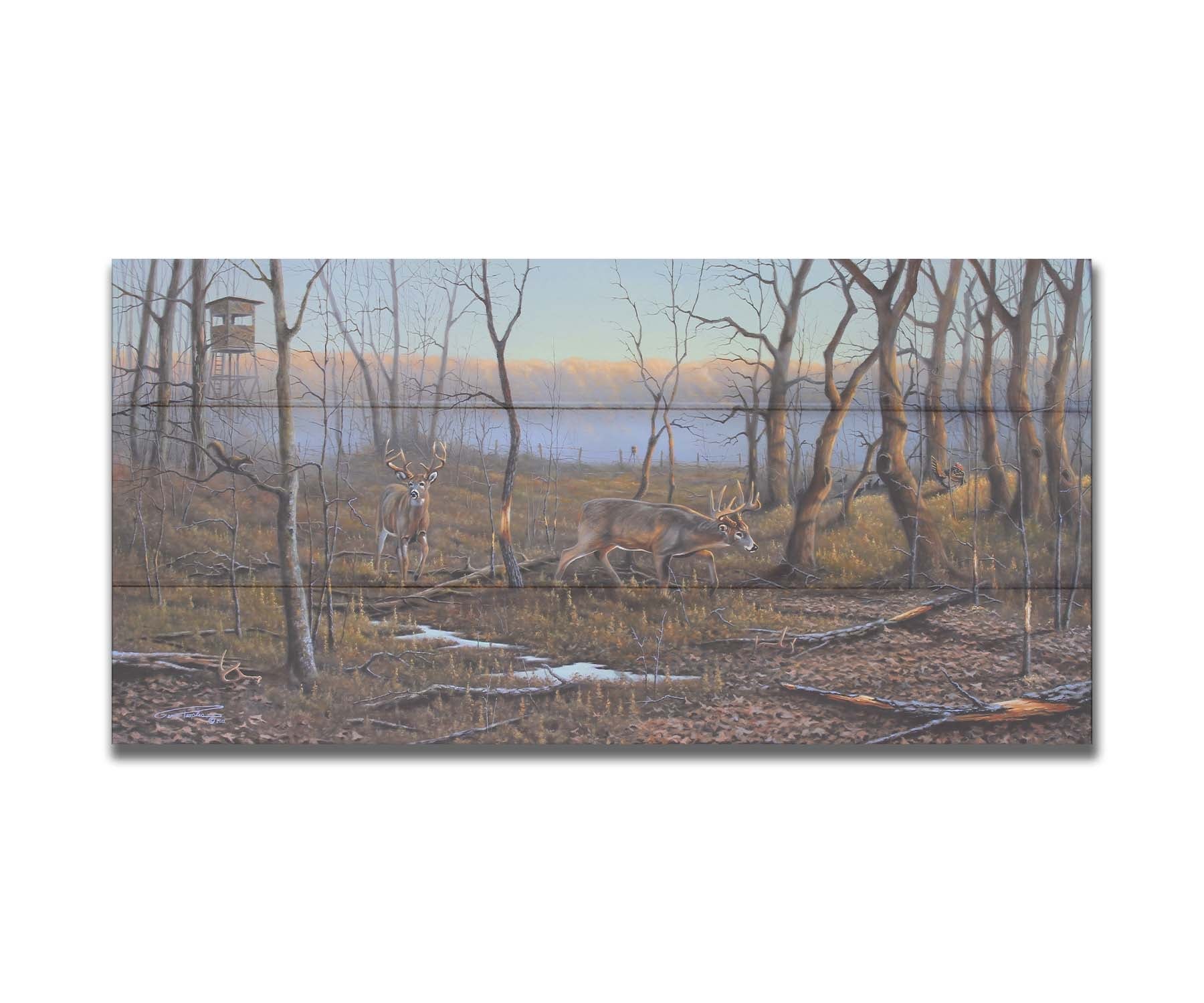 A painting of deer walking through the forest in winter, with turkeys wandering through the background. The trees are bare, and brown leaves cover much of the ground. Hunting stands can be seen in the distance. Printed on a box board.