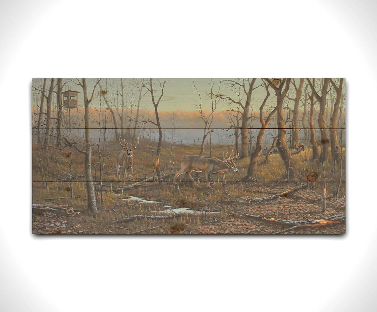 A painting of deer walking through the forest in winter, with turkeys wandering through the background. The trees are bare, and brown leaves cover much of the ground. Hunting stands can be seen in the distance. Printed on a wood pallet.