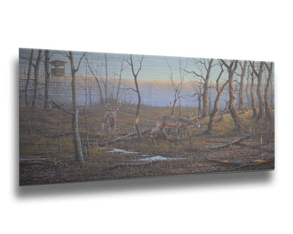 A painting of deer walking through the forest in winter, with turkeys wandering through the background. The trees are bare, and brown leaves cover much of the ground. Hunting stands can be seen in the distance. Printed on metal.