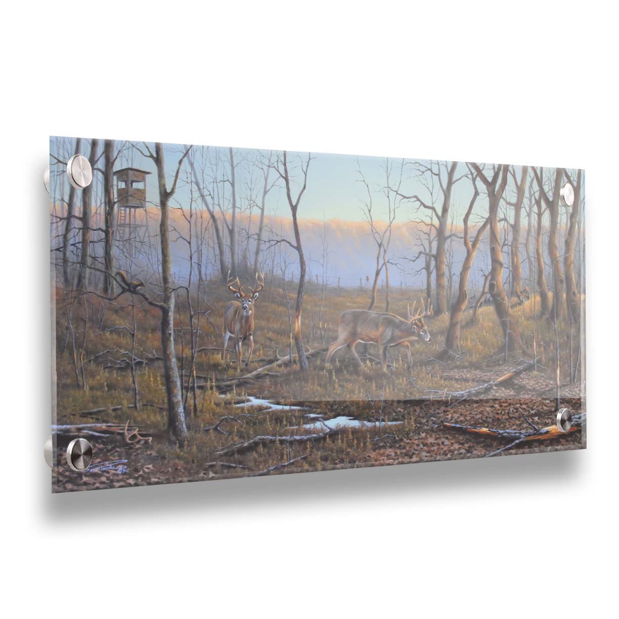 A painting of deer walking through the forest in winter, with turkeys wandering through the background. The trees are bare, and brown leaves cover much of the ground. Hunting stands can be seen in the distance. Printed on acrylic.