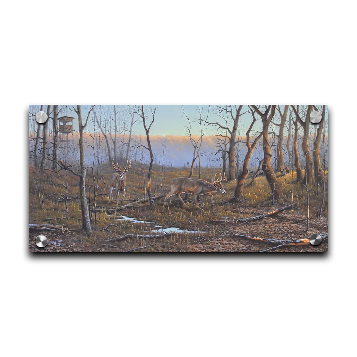 A painting of deer walking through the forest in winter, with turkeys wandering through the background. The trees are bare, and brown leaves cover much of the ground. Hunting stands can be seen in the distance. Printed on acrylic.