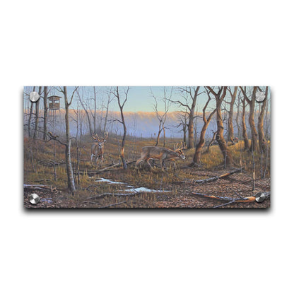 A painting of deer walking through the forest in winter, with turkeys wandering through the background. The trees are bare, and brown leaves cover much of the ground. Hunting stands can be seen in the distance. Printed on acrylic.