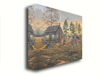 A painting of a farmhouse scene, featuring a fenced field, wood cabin, and an accompanying shed. In the foreground, deer are eating apples from wagons and baskets in the yard. Printed on canvas.