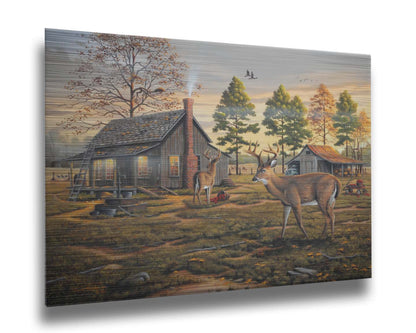 A painting of a farmhouse scene, featuring a fenced field, wood cabin, and an accompanying shed. In the foreground, deer are eating apples from wagons and baskets in the yard. Printed on metal.