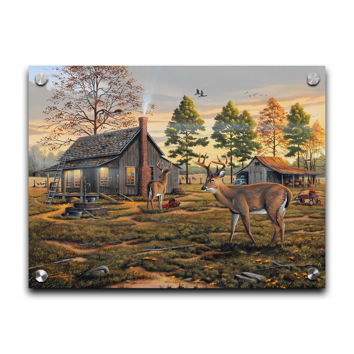 A painting of a farmhouse scene, featuring a fenced field, wood cabin, and an accompanying shed. In the foreground, deer are eating apples from wagons and baskets in the yard. Printed on acrylic.