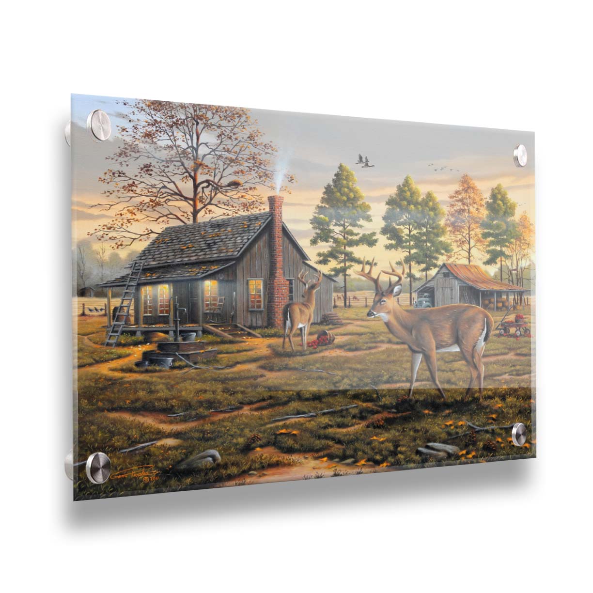 A painting of a farmhouse scene, featuring a fenced field, wood cabin, and an accompanying shed. In the foreground, deer are eating apples from wagons and baskets in the yard. Printed on acrylic.