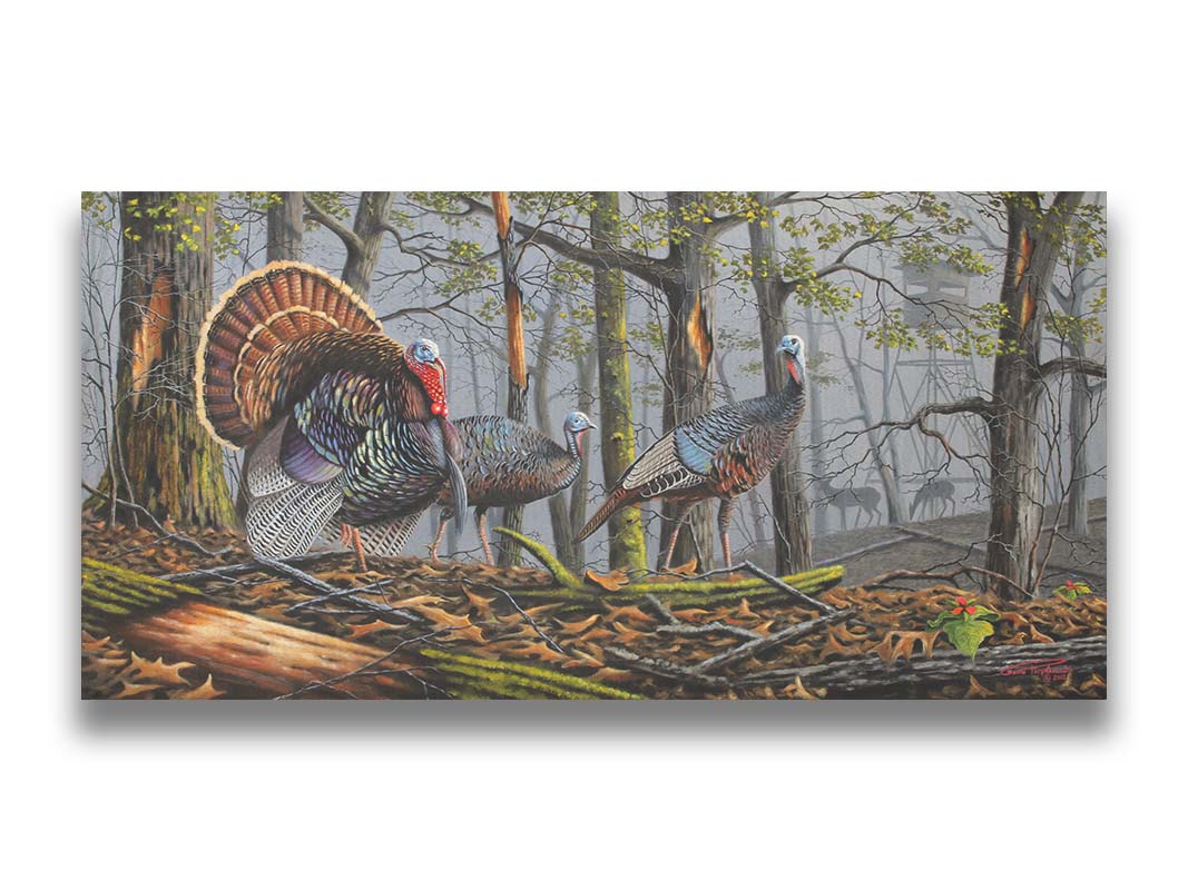 A painting of three turkeys walking through the woods on leaf-covered ground. In the distance, grazing deer and a hunting stand are visible through the fog. Printed on canvas.