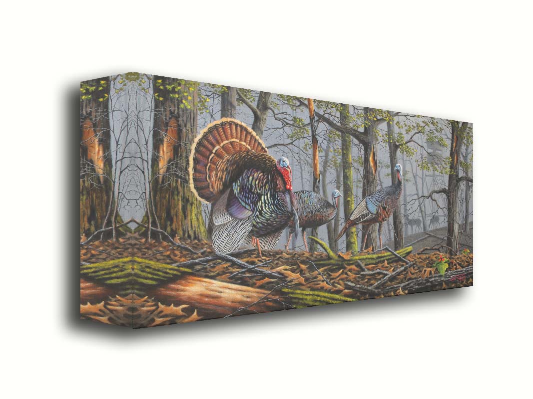 A painting of three turkeys walking through the woods on leaf-covered ground. In the distance, grazing deer and a hunting stand are visible through the fog. Printed on canvas.