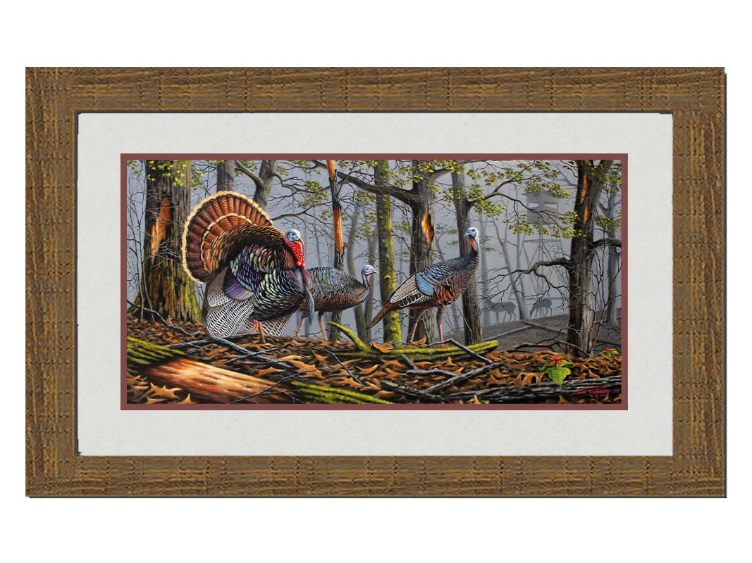 A painting of three turkeys walking through the woods on leaf-covered ground. In the distance, grazing deer and a hunting stand are visible through the fog. Printed on paper, matted, and framed.