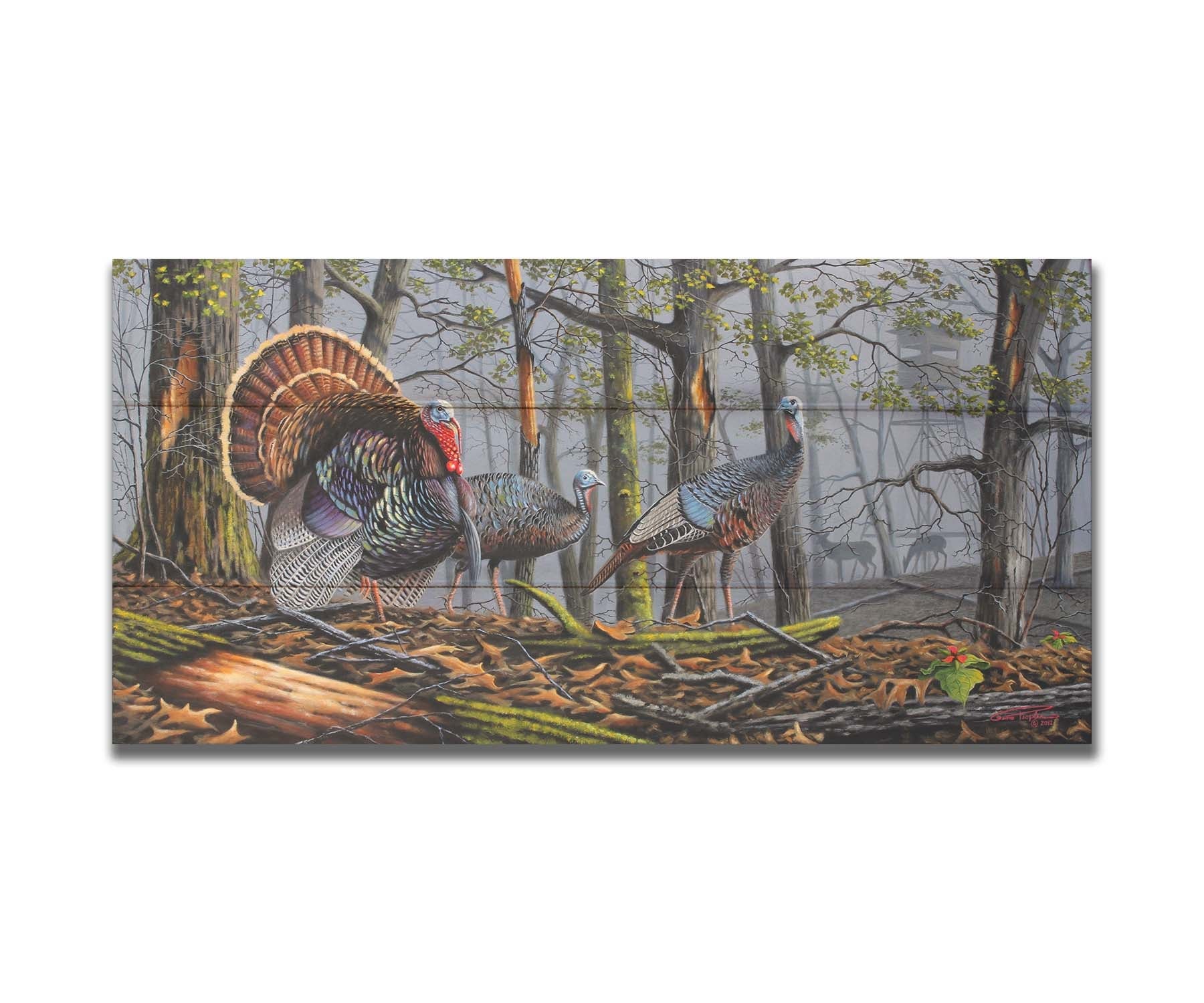 A painting of three turkeys walking through the woods on leaf-covered ground. In the distance, grazing deer and a hunting stand are visible through the fog. Printed on a box board.