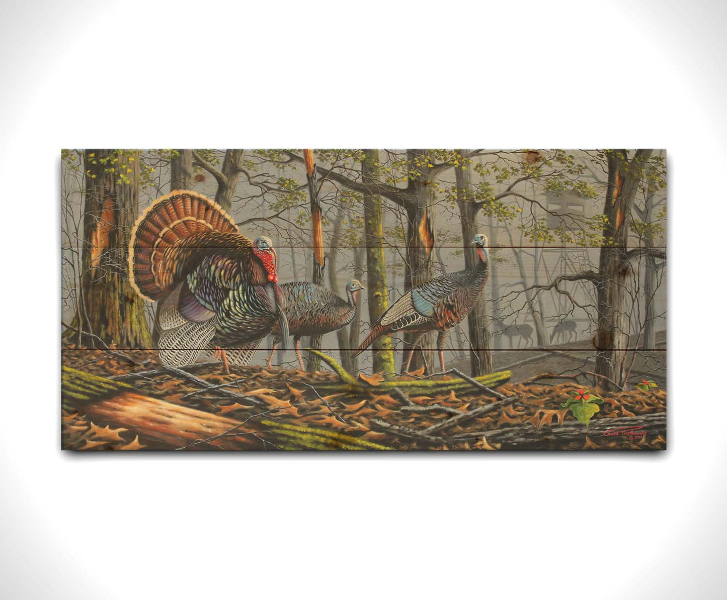 A painting of three turkeys walking through the woods on leaf-covered ground. In the distance, grazing deer and a hunting stand are visible through the fog. Printed on a wood pallet.