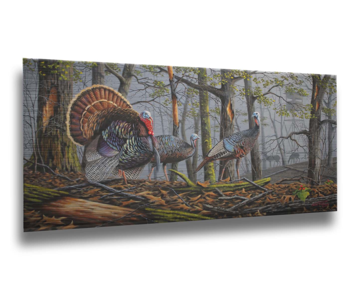 A painting of three turkeys walking through the woods on leaf-covered ground. In the distance, grazing deer and a hunting stand are visible through the fog. Printed on metal.