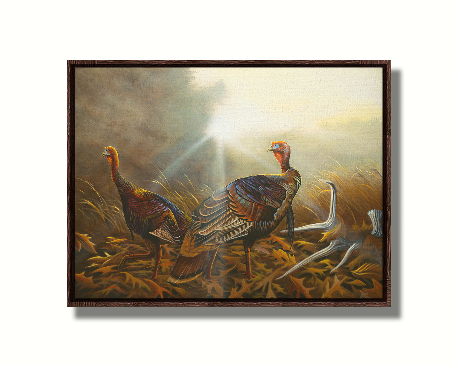 A portrait painting of two turkeys standing in a serene meadow, among fallen brown oak leaves and a shed deer antler. Printed on canvas in a float frame.