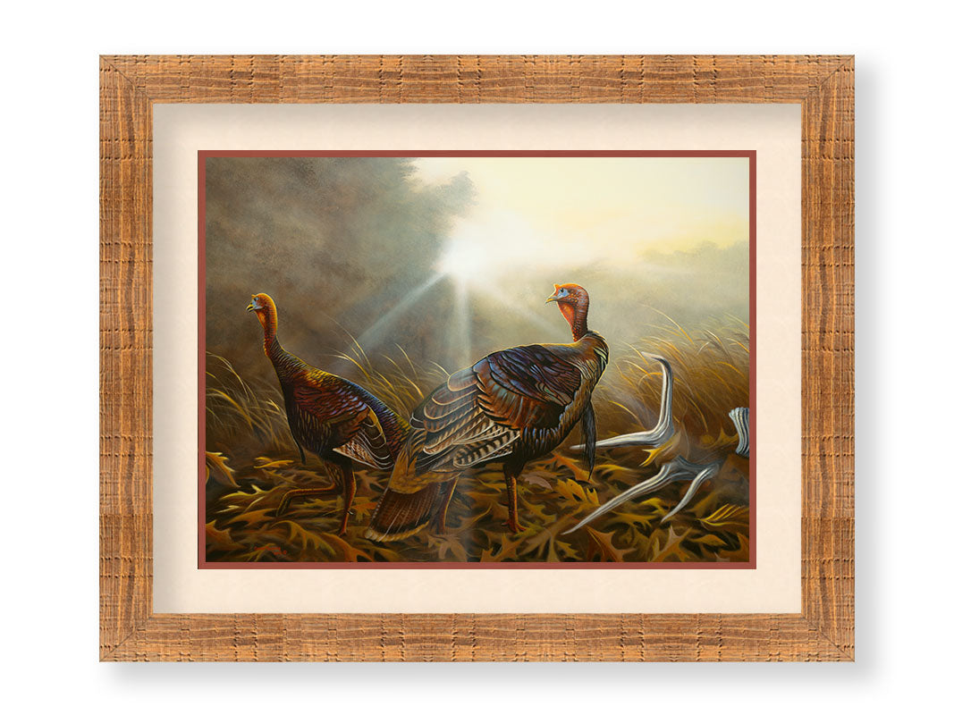 A portrait painting of two turkeys standing in a serene meadow, among fallen brown oak leaves and a shed deer antler. Printed on paper, matted, and framed.