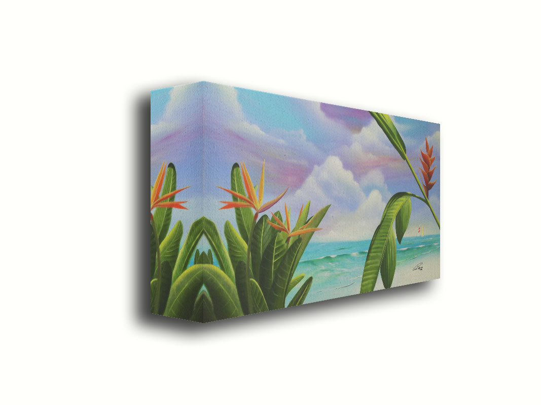 A painting of Heliconia flowers growing on a white sand beach with a vibrant turquoise sea. Pink, purple, and blue clouds fill the sky. Printed on canvas.