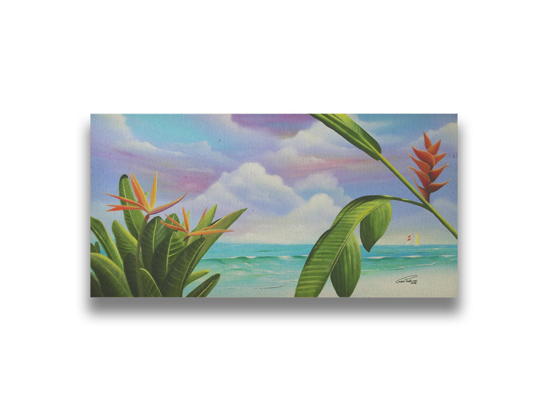 A painting of Heliconia flowers growing on a white sand beach with a vibrant turquoise sea. Pink, purple, and blue clouds fill the sky. Printed on canvas.