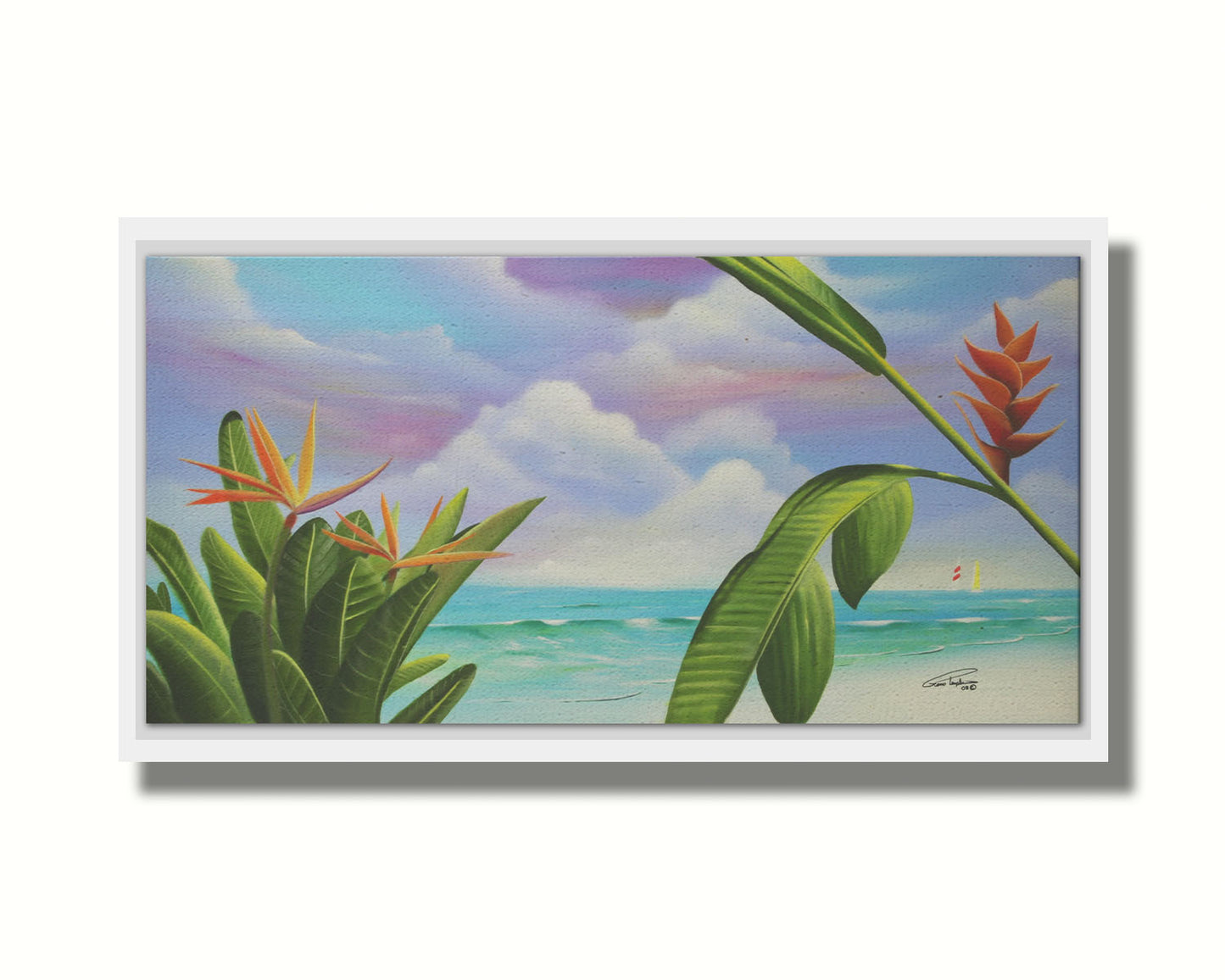 A painting of Heliconia flowers growing on a white sand beach with a vibrant turquoise sea. Pink, purple, and blue clouds fill the sky. Printed on canvas in a float frame.