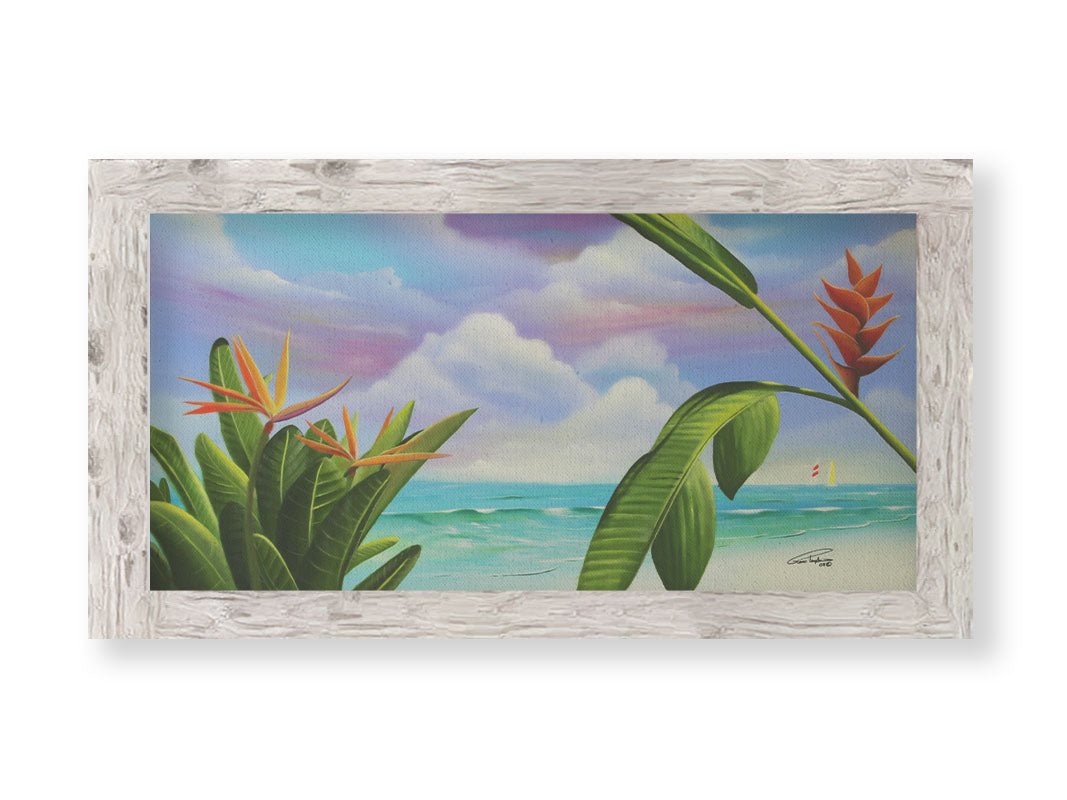 A painting of Heliconia flowers growing on a white sand beach with a vibrant turquoise sea. Pink, purple, and blue clouds fill the sky. Printed on canvas and framed.