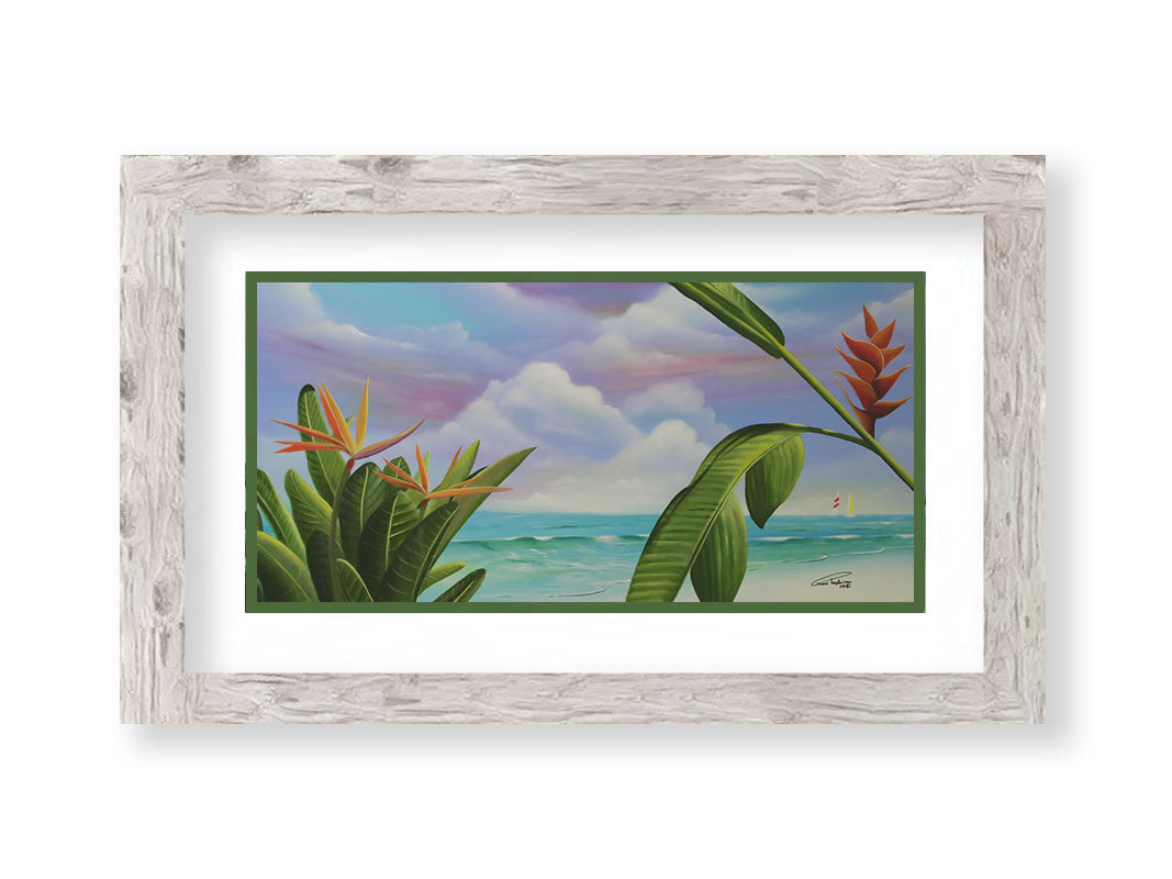 A painting of Heliconia flowers growing on a white sand beach with a vibrant turquoise sea. Pink, purple, and blue clouds fill the sky. Printed on paper, matted, and framed.