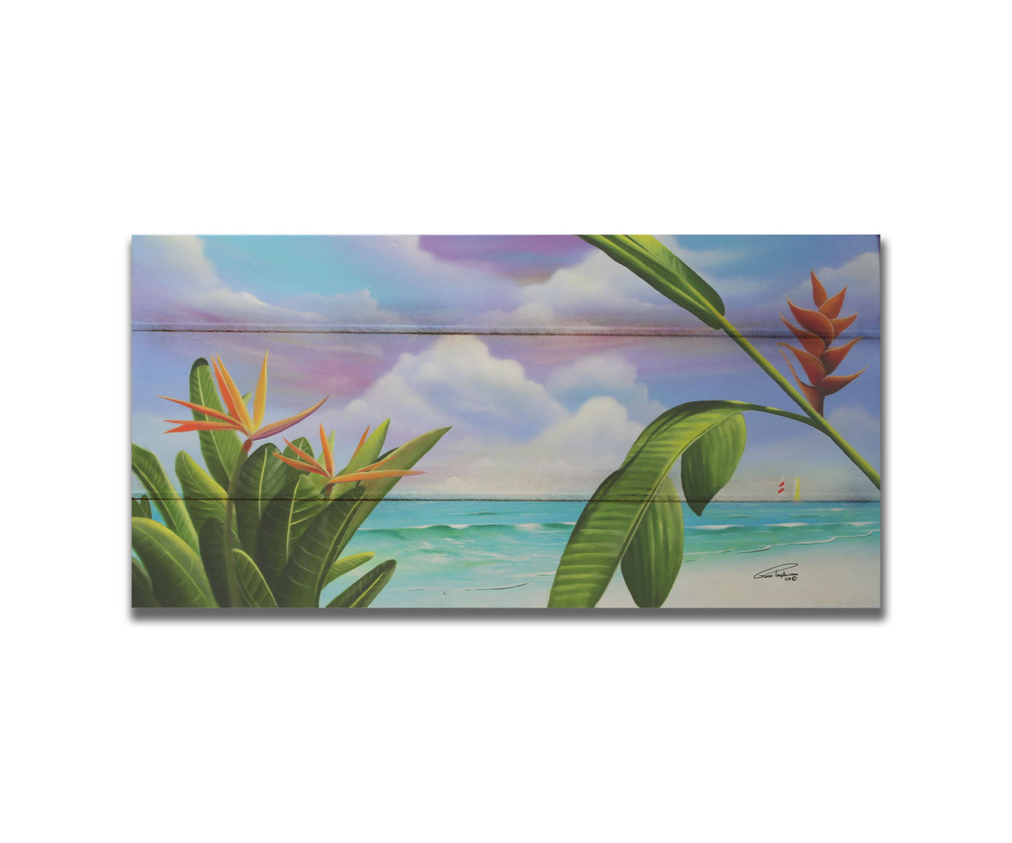 A painting of Heliconia flowers growing on a white sand beach with a vibrant turquoise sea. Pink, purple, and blue clouds fill the sky. Printed on a box board.