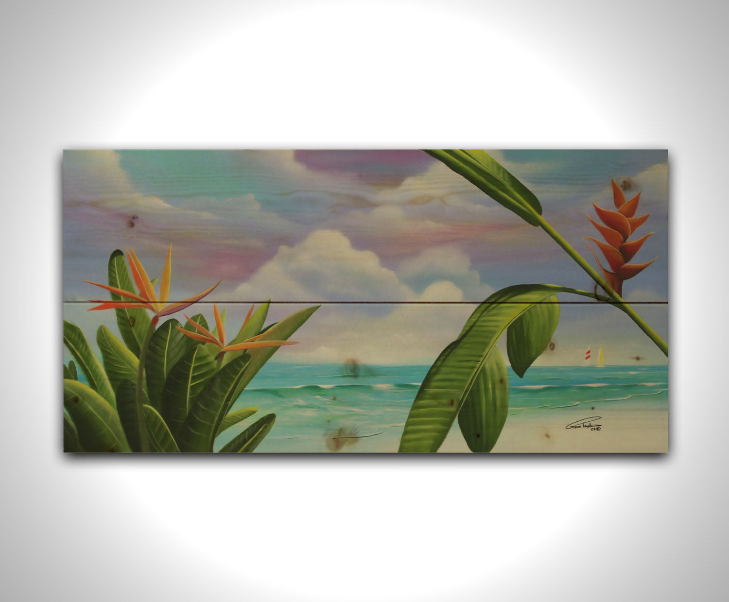 A painting of Heliconia flowers growing on a white sand beach with a vibrant turquoise sea. Pink, purple, and blue clouds fill the sky. Printed on a wood pallet.