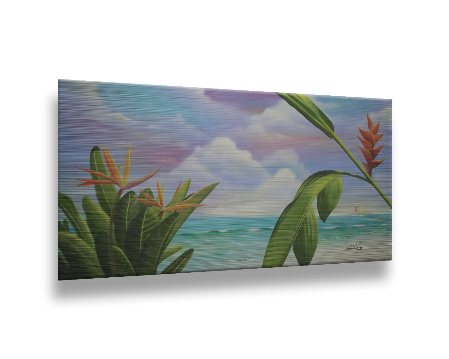 A painting of Heliconia flowers growing on a white sand beach with a vibrant turquoise sea. Pink, purple, and blue clouds fill the sky. Printed on metal.